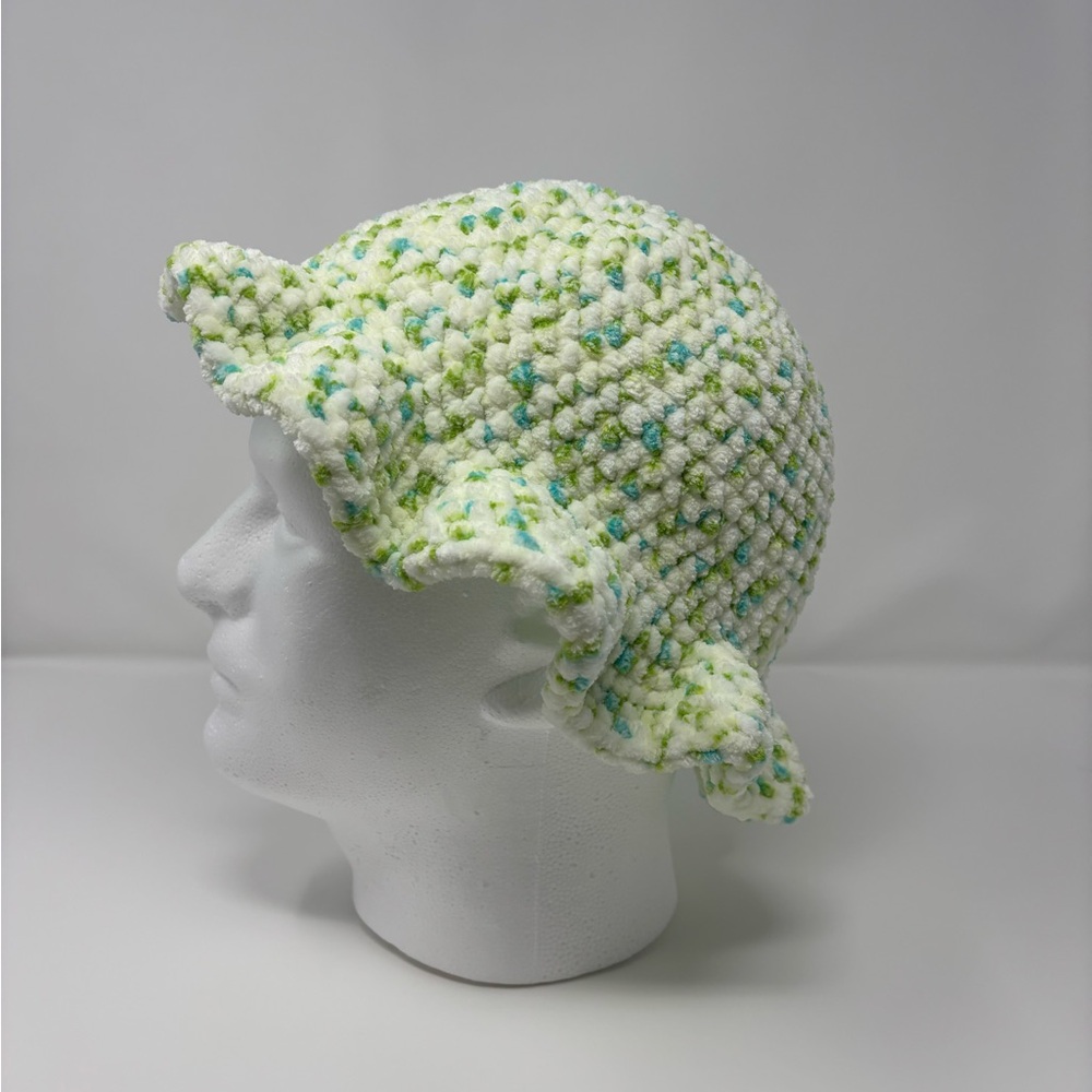 Blue Floral Crochet Plush Bucket Hat With Wavy Brim